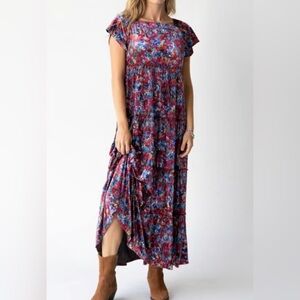 Natural Life Floral Velvet Berkley Maxi Dress in Red and Blue - New with tag